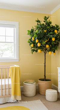 Lemon Tree in Bright Yellow Nursery with Natural Light and Cozy Decor
