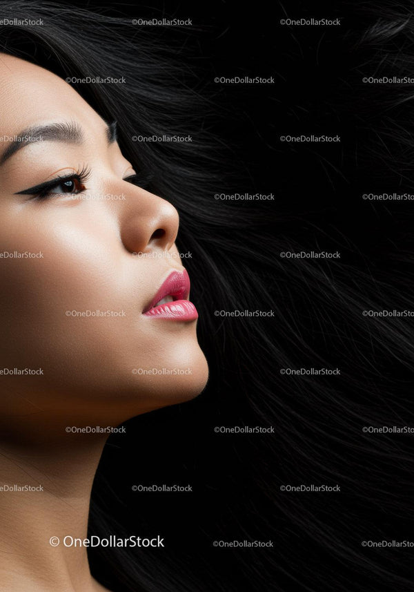 Profile of a woman with flowing dark hair and makeup