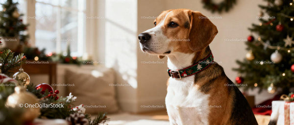 Beagle z Świąteczną Obrożą przy Choince