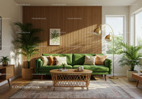 Modern living room with green sofa and natural decor