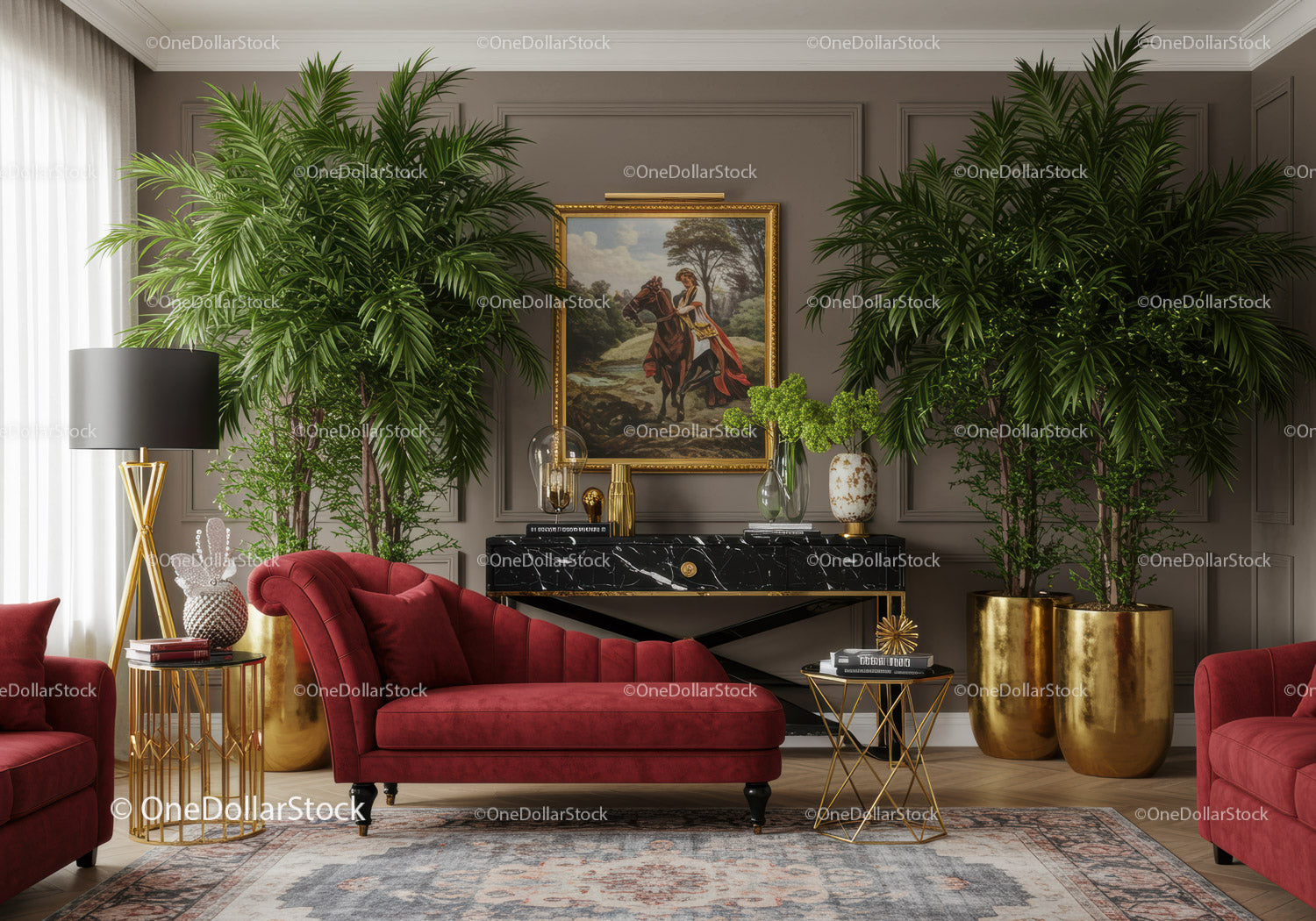 Elegant living room with red chaise lounge and green plants