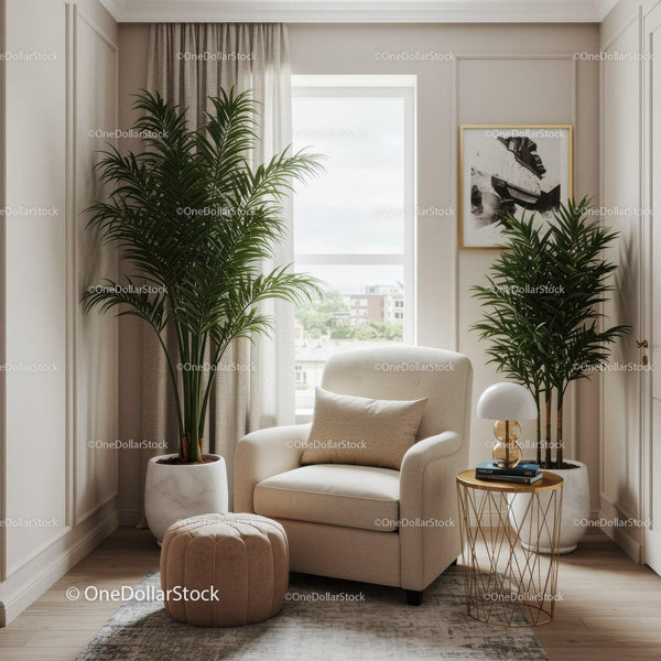 Elegant Cozy Living Room with Indoor Palms and White Armchair