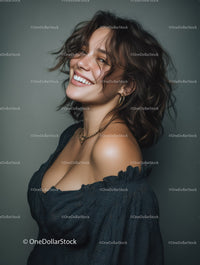 Joyful Woman with Curly Hair Wearing Black Off Shoulder Dress