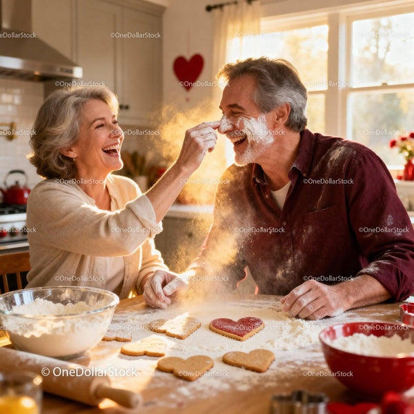 Joyful mature couple baking heart cookies together