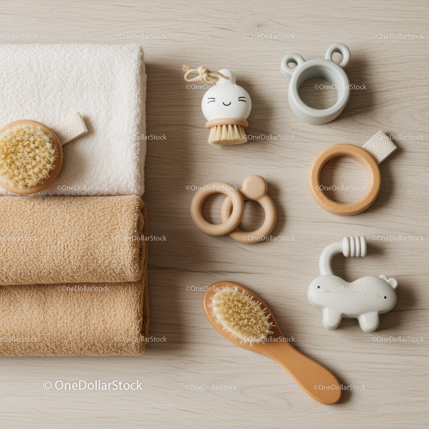 Natural baby bath accessories and soft towels layout