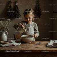 Little girl carefully pouring water into mixing bowl