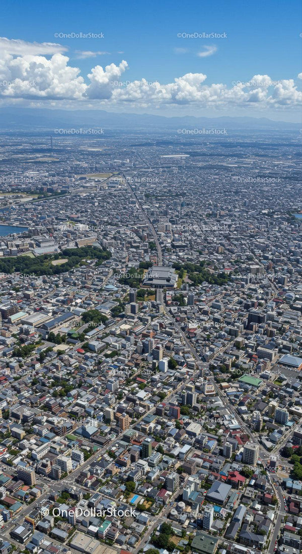 Aerial View of a Modern City with Tall Buildings and Cloudy Sky