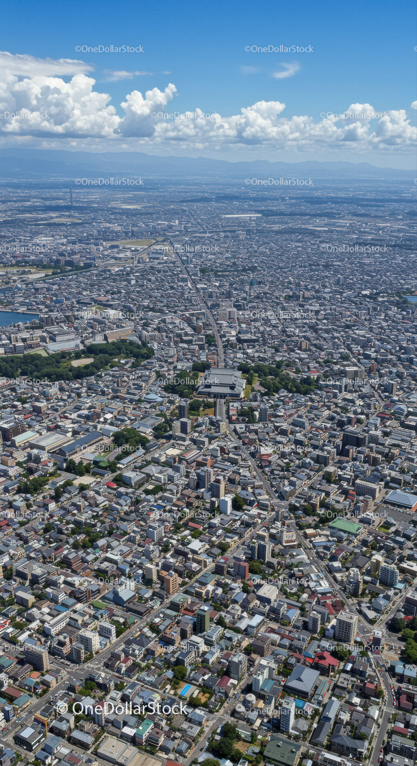 Aerial View of a Modern City with Tall Buildings and Cloudy Sky