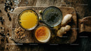 Fresh Ginger Roots with Turmeric Powder and Herbal Teas