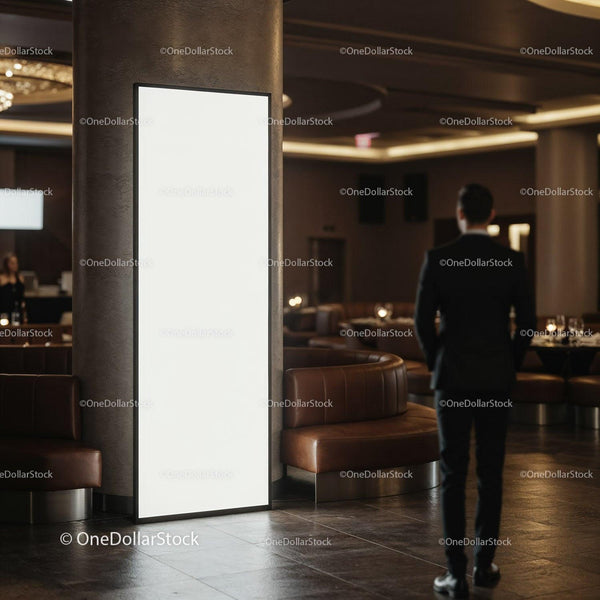 Man in Suit Standing Near Large Empty Lighted Display Panel JPG Mockup Image