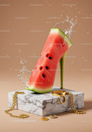 Creative high heel shoe made of watermelon with splash
