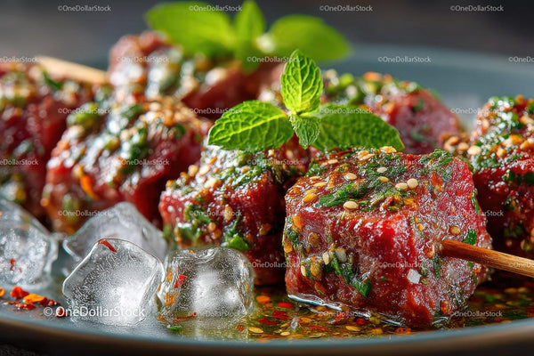 Spicy Grilled Meatballs on Skewers with Herbs and Ice