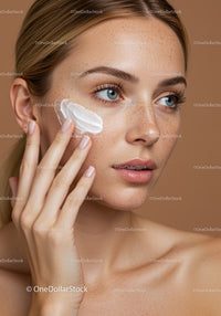 Close-Up of Woman Applying Moisturizer on Freckled Face
