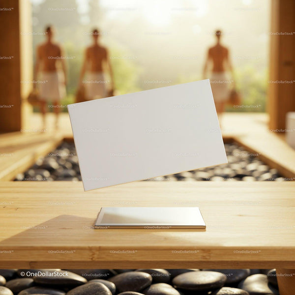 Minimalist floating digital screen in spa environment JPG Mockup Image