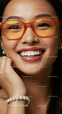 Close up of happy woman with orange glasses smiling