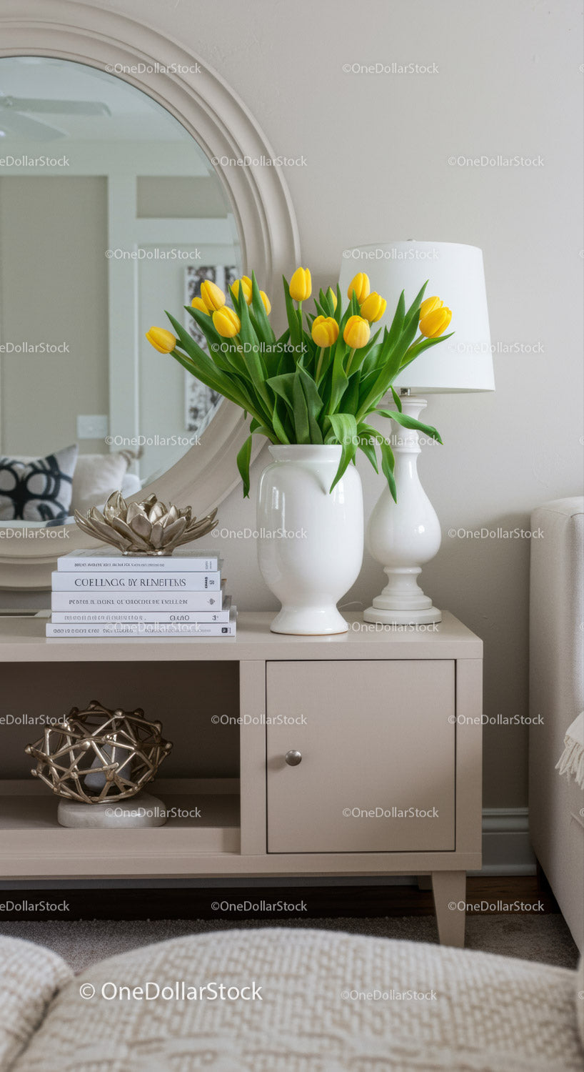 Yellow Tulips in White Vase Decorate Modern Living Room Interior