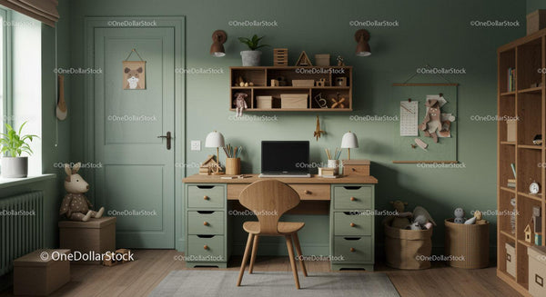 Cozy Child's Study Room with Green Walls and Wooden Furniture