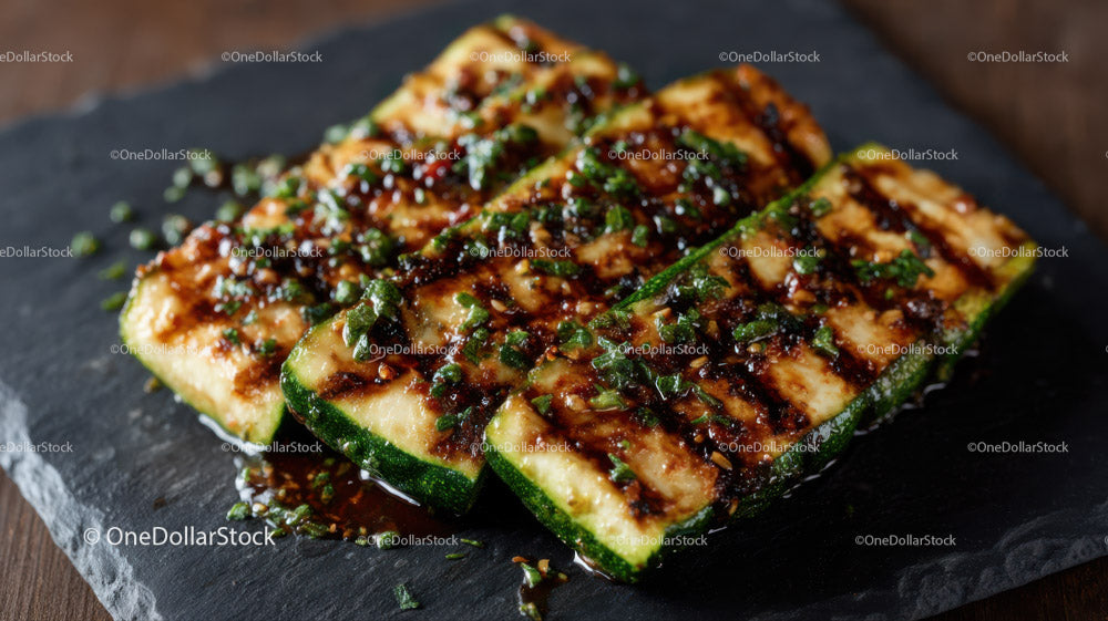 Grilled Zucchini Slices on Black Slate Plate with Char Marks