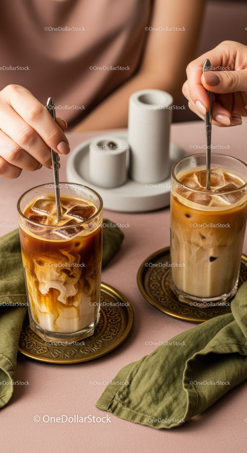 Elegant Iced Coffee Drinks with Cream and Ice in Stylish Glasses