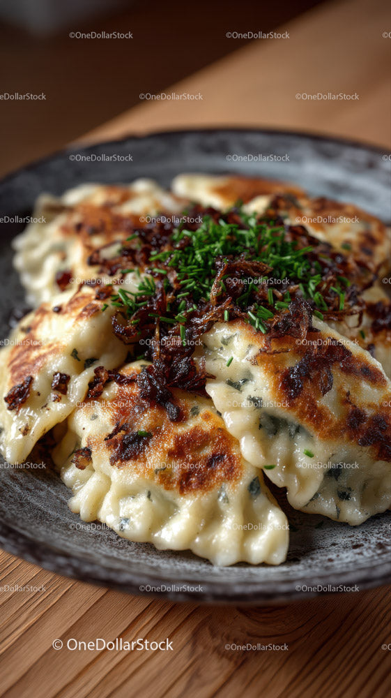 Pierogi smażone na patelni z posiekanymi ziołami i karmelizowaną cebulą