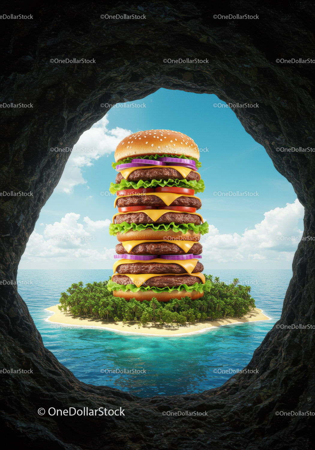 Giant Cheeseburger Tower on Tropical Island Shore