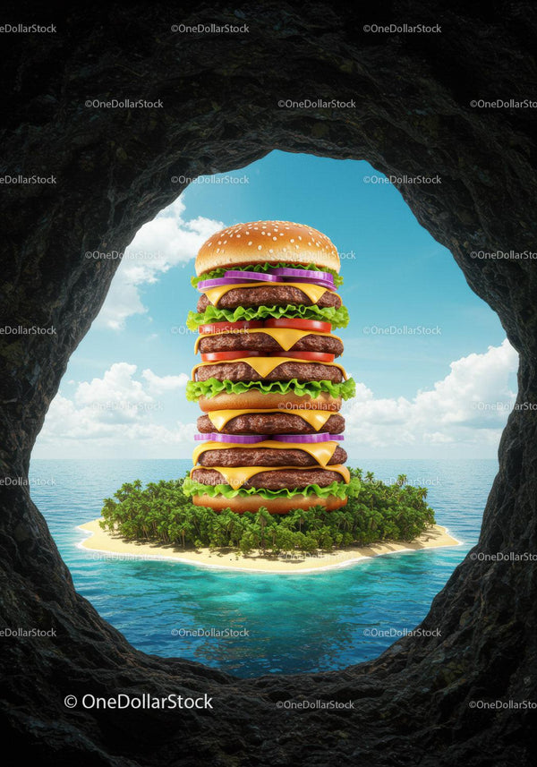 Giant Cheeseburger Tower on Tropical Island Shore