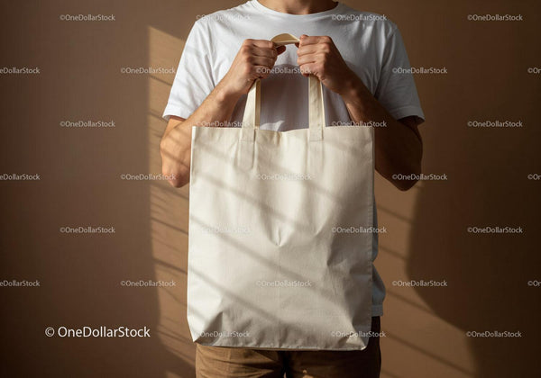 Man Holding Blank Eco Friendly Canvas Tote Bag JPG Mockup Image