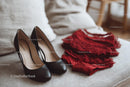 Chic Black Heels and a Red Lace Dress in a Cozy Bedroom Setting