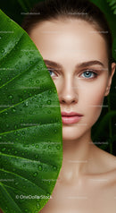 Close-Up of Woman with Blue Eyes and Green Leaf in Nature
