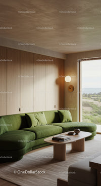 Modern living room with green sectional sofa and natural light