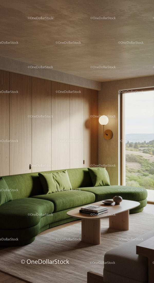 Modern living room with green sectional sofa and natural light
