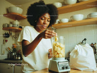 Young Woman Preparing Banana Smoothie in Cozy Kitchen
