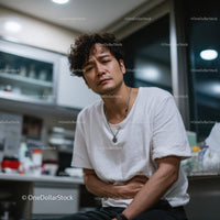Worried Man Suffering from Stomach Pain in Modern Kitchen