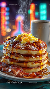 Stack of Fluffy Pancakes with Melted Butter and Syrup