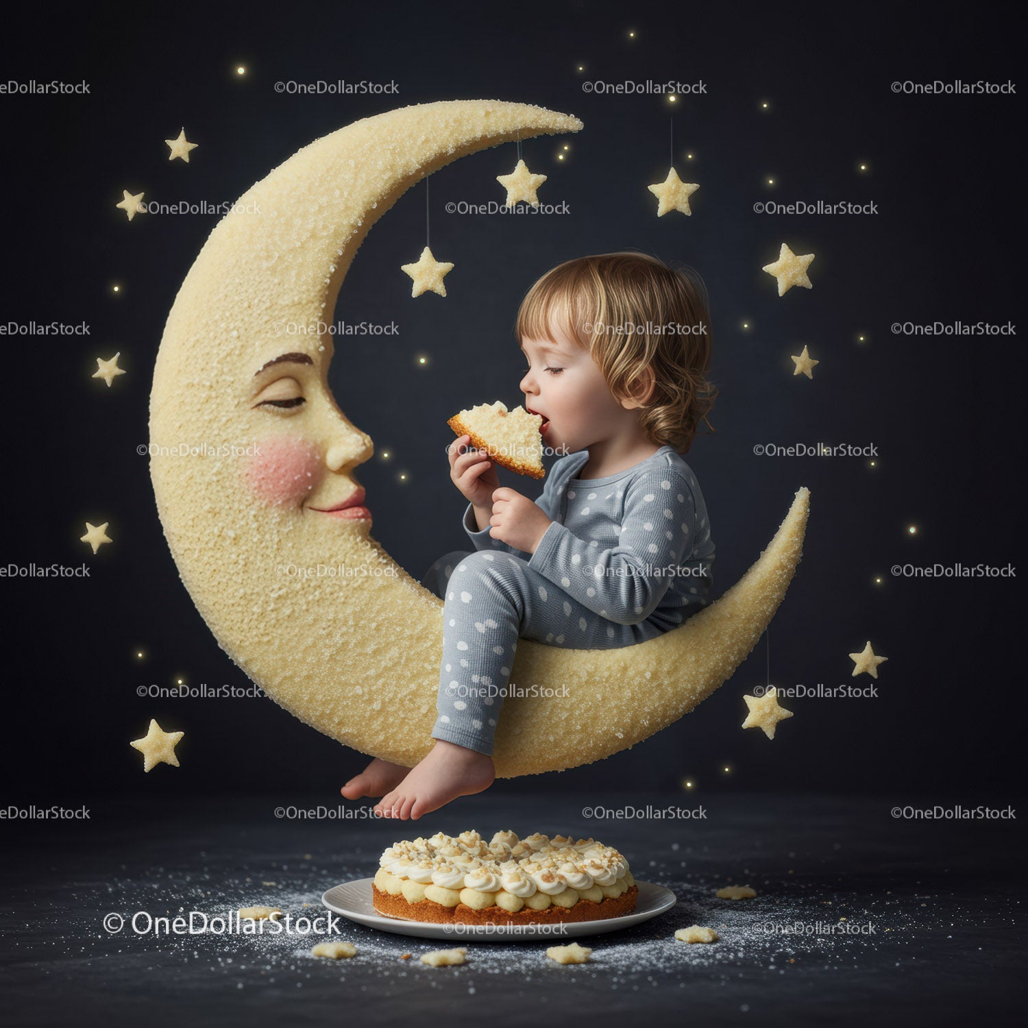 Toddler in pajamas eating cake on crescent moon
