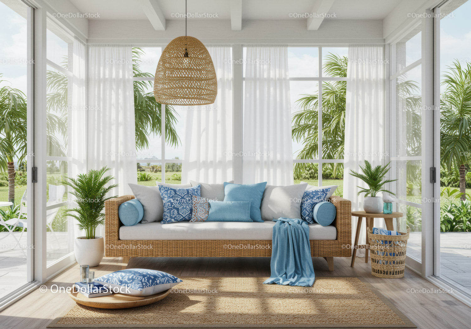 Cozy rattan sofa with blue cushions in bright sunroom