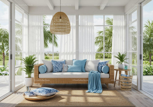 Cozy rattan sofa with blue cushions in bright sunroom