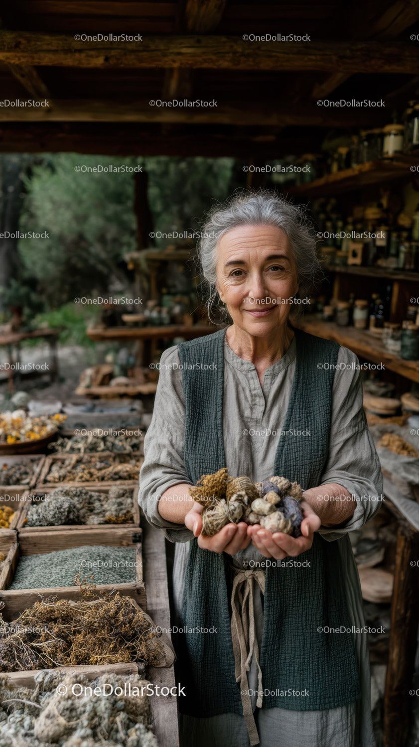 Senior Woman Holding Seashells in Outdoor Market Scene