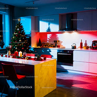 Modern kitchen with festive Christmas tree and decorations