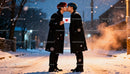 Couple Sharing a Kiss in Snowy Street Holding Love Letter