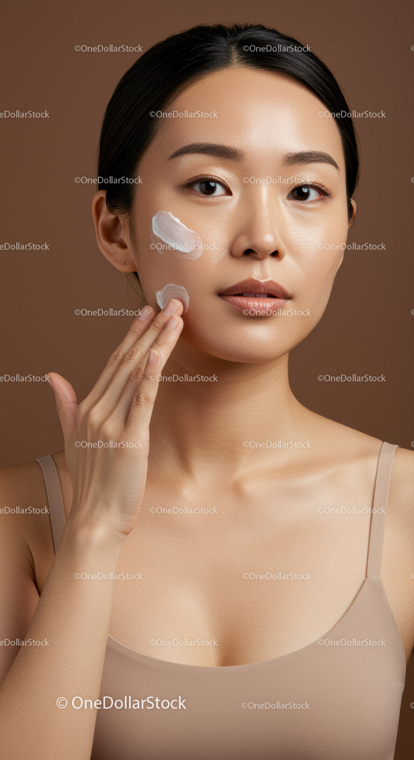 Young Asian Woman Applying Facial Cream with Smooth Porcelain Skin