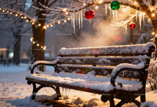 Snow-covered bench with festive lights and ornaments