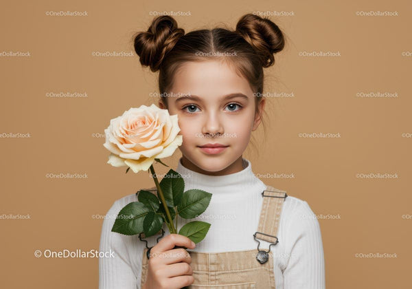 Beautiful Young Girl with Rose Portrait Studio Shot