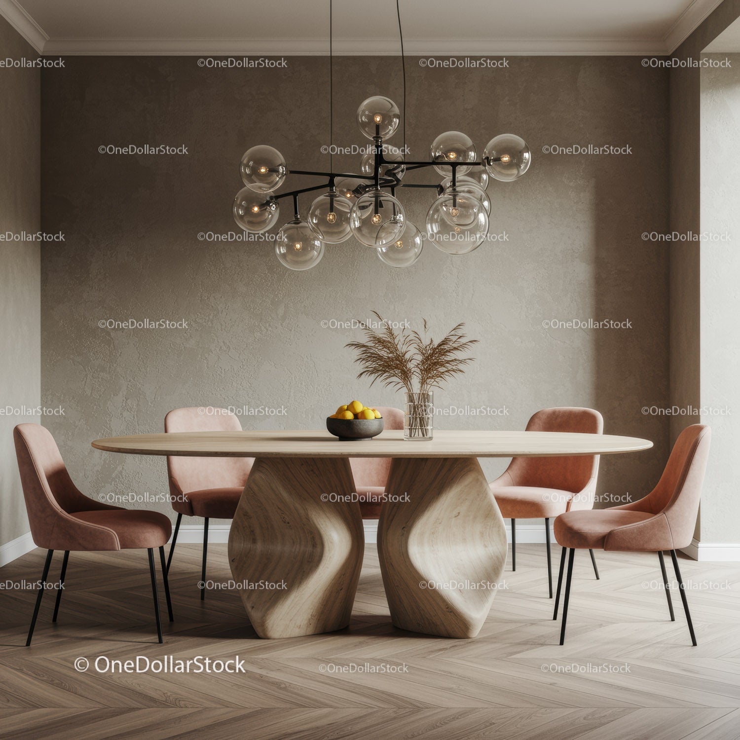 Contemporary Dining Room with Wooden Table and Pink Velvet Chairs