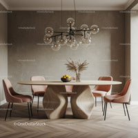 Contemporary Dining Room with Wooden Table and Pink Velvet Chairs