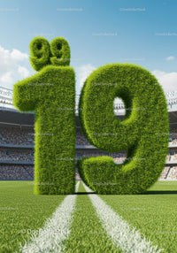 Grass-covered number 19 on stadium field with sunny sky