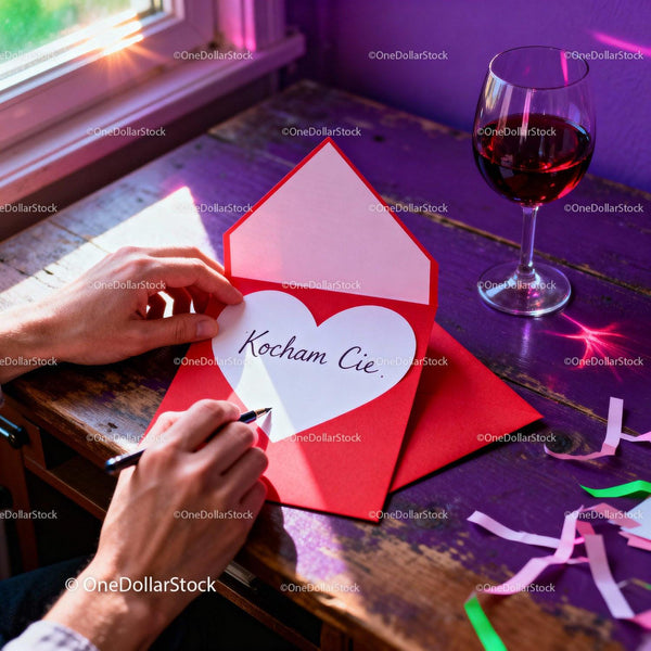 Handwritten love note in red envelope with a wine glass
