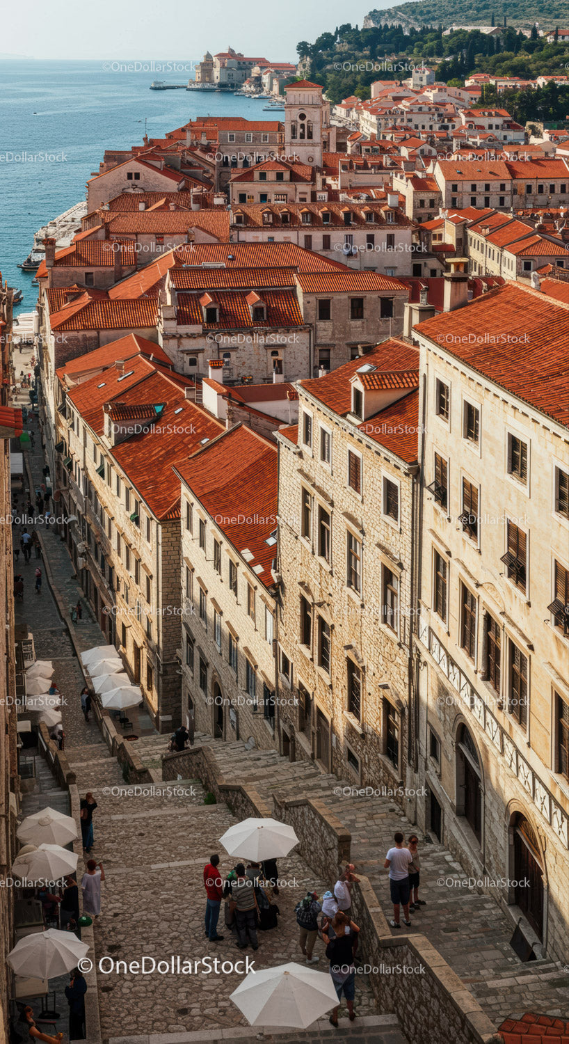 Picturesque Coastal City with Red Tile Roofs and Seaside Views