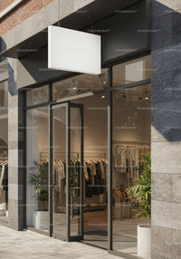 Modern clothing store entrance with open glass door