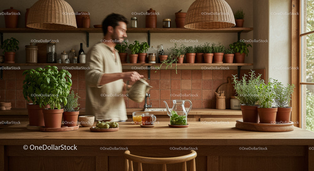 Man Watering Fresh Basil and Herbs in a Cozy Kitchen